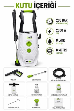 HAIS LT701 205 Bar 2500W İndüksiyon Motorlu Basınçlı Yıkama Makinesi 8 Metre Hortum