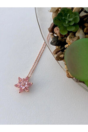 Modahilye 925 Ayar Gümüş Lotus Çiçeği Pembe Taşlı Tasarım Rose Gold Kolye