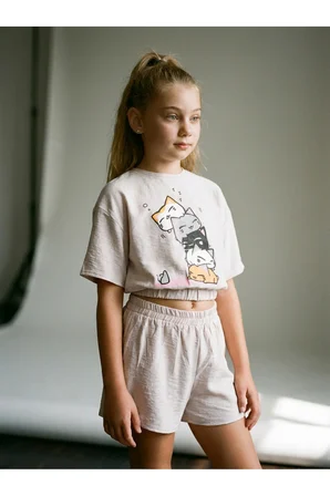 LUI Kids Kız Çocuk Premium Pamuk Jarse & Krinkıl Alt - Üst Takım - Toz Pembe