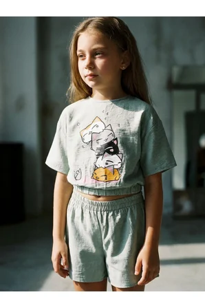 LUI Kids Kız Çocuk Premium Keten Karışımlı (Linen Blend) Alt - Üst Takım - Haki Adaçayı