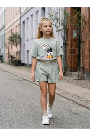 LUI Kids Kız Çocuk Premium Keten Karışımlı (Linen Blend) Alt - Üst Takım - Haki Adaçayı