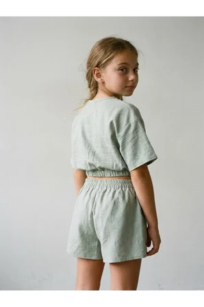 LUI Kids Kız Çocuk Premium Keten Karışımlı (Linen Blend) Alt - Üst Takım - Haki Adaçayı