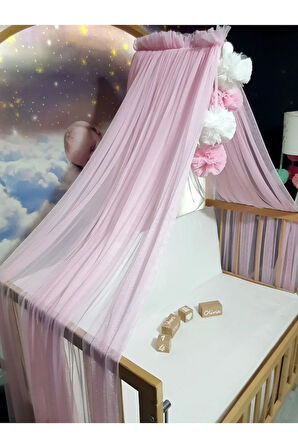 Bebek Lüks Cibinlik Takımı - Açık Pembe ve Beyaz Dört Ponponlu - 6 Metre Likra Tül (Aparat Dahil)