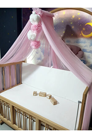 Bebek Lüks Cibinlik Takımı - Açık Pembe ve Beyaz Dört Ponponlu - 6 Metre Likra Tül (Aparat Dahil)