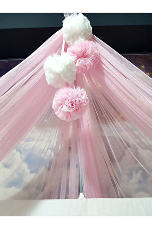 Bebek Lüks Cibinlik Takımı - Açık Pembe ve Beyaz Dört Ponponlu - 6 Metre Likra Tül (Aparat Dahil)