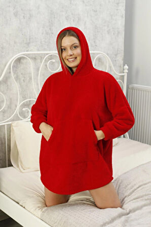 Kırmızı Kapşonlu Oversize Peluş Welsoft Sweat Panço Battaniye Giyilebilir Kışlık Pijama