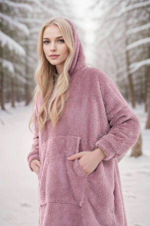 Vizon Kapşonlu Oversize Peluş Welsoft Sweat Panço Battaniye Giyilebilir Kışlık Pijama