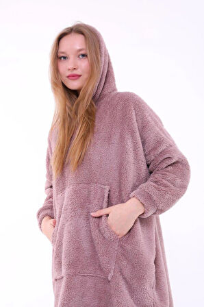 Vizon Kapşonlu Oversize Peluş Welsoft Sweat Panço Battaniye Giyilebilir Kışlık Pijama