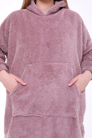 Vizon Kapşonlu Oversize Peluş Welsoft Sweat Panço Battaniye Giyilebilir Kışlık Pijama