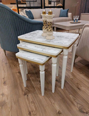 3lü Lüx Zigon Sehpa Beyaz Mermer Gold