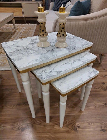 3lü Lüx Zigon Sehpa Beyaz Mermer Gold