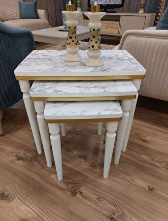 3lü Lüx Zigon Sehpa Beyaz Mermer Gold