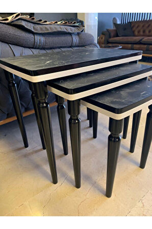 3lü Lüx Zigon Sehpa Siyah Mermer Krem