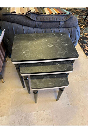 3lü Lüx Zigon Sehpa Siyah Mermer Krem