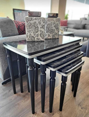 4lü Lüx Zigon Sehpa Siyah Mermer Gümüş