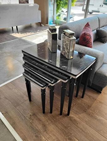 4lü Lüx Zigon Sehpa Siyah Mermer Gümüş