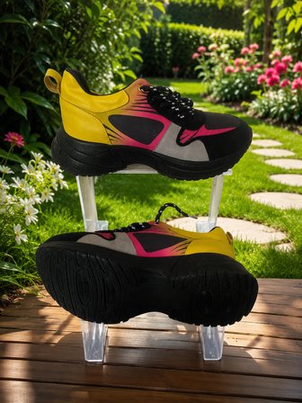 RENKLİ KALIN TABAN KADIN SNEAKER SPOR AYAKKABI – SARI PEMBE SİYAH TASARIM LV