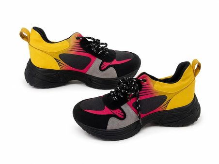 RENKLİ KALIN TABAN KADIN SNEAKER SPOR AYAKKABI – SARI PEMBE SİYAH TASARIM LV