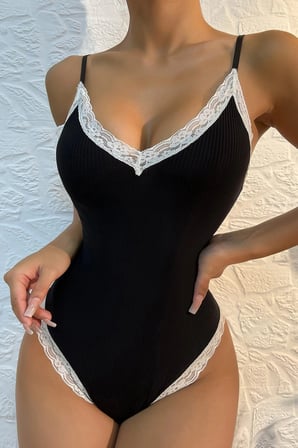Love Atelier Kadın Beyaz Dantel Işlemeli Siyah Tulum Gecelik H110537