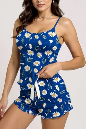 Love Atelier Papatya Desenli Mavi Askılı Şortlu Pijama Takımı