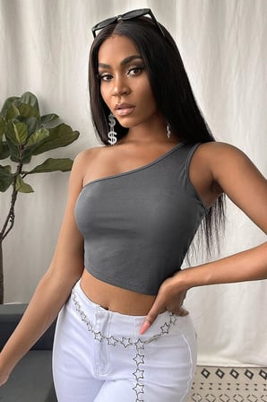 Love Atelier Kadın Koyu Gri Tek Omuz Crop Büstiyer