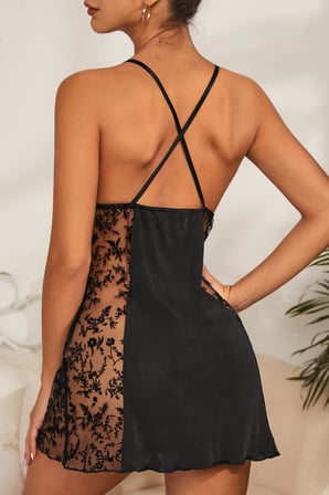 Love Atelier Kadın Siyah Çapraz Sırt Dekolteli Transparan Dantel Gecelik H110497
