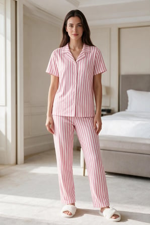 Love Atelier Kadın Pembe Beyaz Çizgili Kısa Kollu Düğmeli Milan Kumaş Pijama Takımı