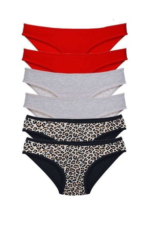 Love Atelier 6 Adet Likralı Kadın Slip Külot Leopar Kırmızı Gri