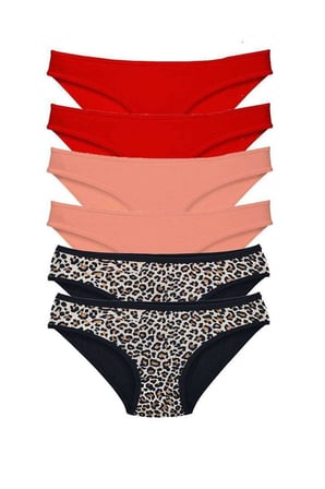 Love Atelier 6 Adet Likralı Kadın Slip Külot Leopar Kırmızı Pudra