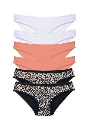 Love Atelier 6 Adet Likralı Kadın Slip Külot Leopar Beyaz Pudra