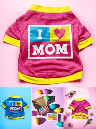 Annelere Hediye, Hediye Paketli, I Love Mom Pink, Oval Yaka Tişört Kedi Kıyafeti,Elbisesi Anneler Günü, Anne