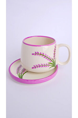 Lavanta Desenli Tabaklı Double Seramik El Yapımı Kupa, Seramik Kupa, Handmade, Kahve Kupası