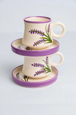 6’li Takım Lavanta Desenli El Yapımı Kazan Seramik Kahve Fincanı, Kahve Fincanı