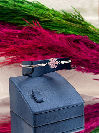 925 Ayar Gümüş Pembe Kuvars Taşlı Özel Üretim Lotus Modeli Popüler Kadın Bileklik