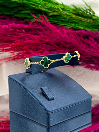 925 Ayar Gümüş Gold Renk Malakit Taşlı Yonca Modeli Zarif Kadın Bileklik