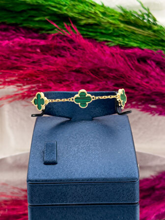 925 Ayar Gümüş Gold Renk Malakit Taşlı Yonca Modeli Zarif Kadın Bileklik