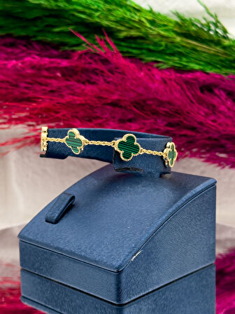 925 Ayar Gümüş Gold Renk Malakit Taşlı Yonca Modeli Zarif Kadın Bileklik