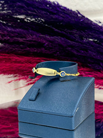 925 Ayar Gümüş Gold Renk Nazar Boncuklu İsim Yazılabilir Kız & Erkek Bebek Künye