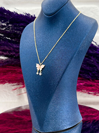 925 Ayar Gümüş Gold Renk Pembe Mineli Kelebek Modeli Zarif Kadın Kolye