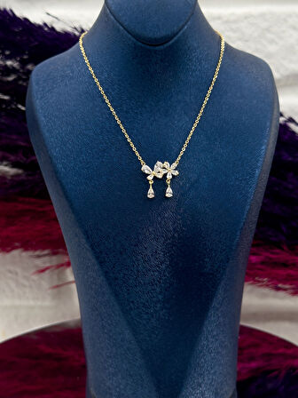 925 Ayar Gümüş Damla Taşlı Gold Renk Lotus Modeli Zarif Kadın Kolye