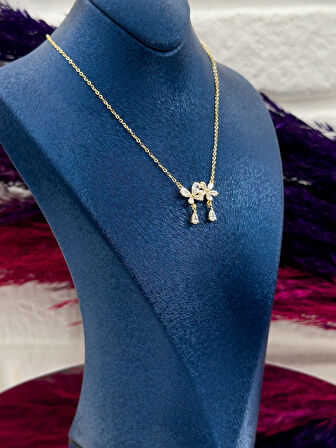 925 Ayar Gümüş Damla Taşlı Gold Renk Lotus Modeli Zarif Kadın Kolye