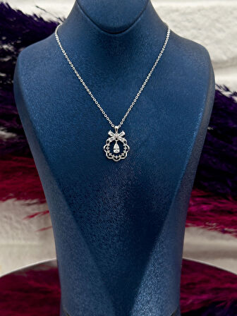 925 Ayar Gümüş Özel Tasarım Damla Kurdela Desenli Popüler Kadın Kolye