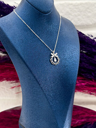 925 Ayar Gümüş Özel Tasarım Damla Kurdela Desenli Popüler Kadın Kolye