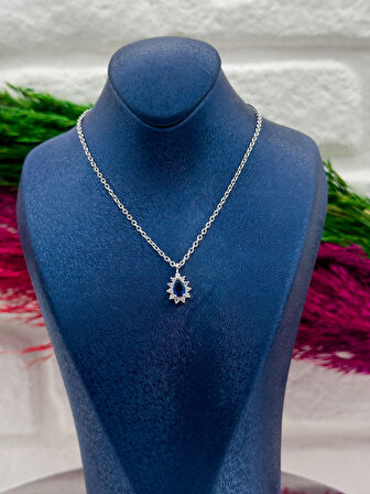 925 Ayar Gümüş Damla Safir Taşlı Lüks Kadın Kolye