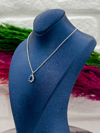 925 Ayar Gümüş Damla Safir Taşlı Lüks Kadın Kolye