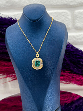 925 Ayar Gümüş İtalyan Tasarım Zümrüt Taşlı Zarif Kadın Kolye