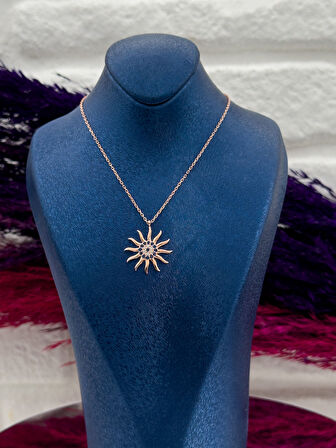 925 Ayar Gümüş Nazar Boncuklu Rose Renk Güneş Modeli Lüks Kadın Kolye