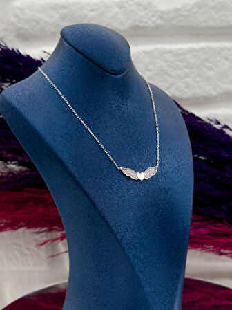 925 Ayar Gümüş Kalpli Melek Kanadı Aşk Modeli Popüler Kadın Kolye