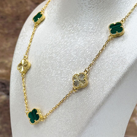 Malachite Taşlı Yonca Gümüş Kolye