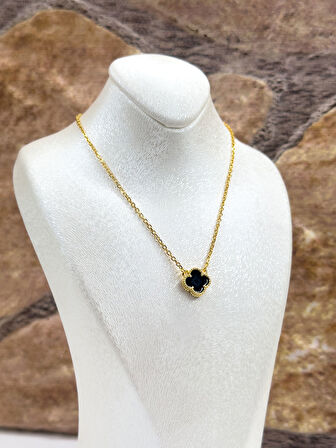 Gold Renk Siyah Onix Taşlı Yonca Kadın Gümüş Kolye - Onix Kolye